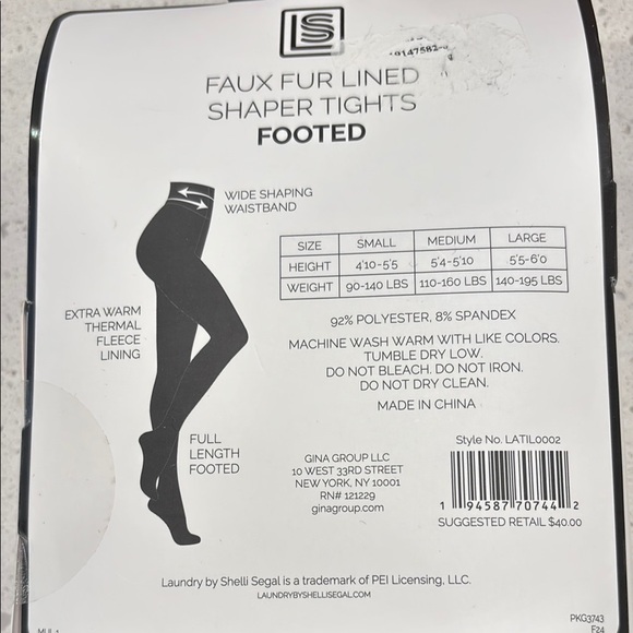 NWT Laundry By Shelli Segal Black Faux Fur Lined Tights - L - Picture 3 of 3